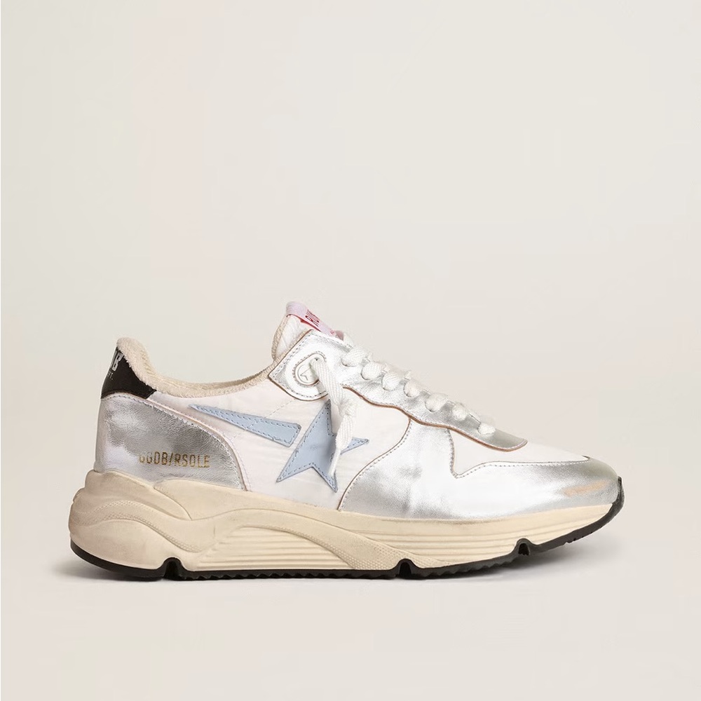 Golden Goose Running Sole in nylon & silver metallic leather w/ light blue star